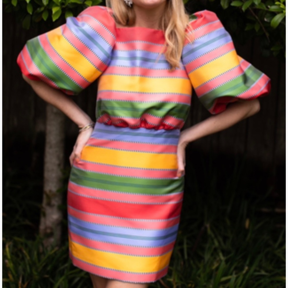 Antonio Melani x Nat Note Nell Striped Jacquad Short Puffed Sleeve Dress sz 16